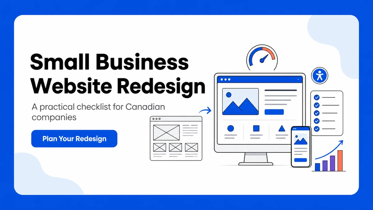 Small business website redesign checklist with responsive website layouts and planning icons